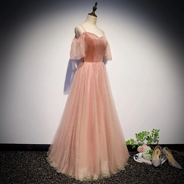 Chic / Beautiful Pearl Pink Evening Dresses 2019 A-Line / Princess Spaghetti Straps Short Sleeve Glitter Tulle Floor-Length / Long Ruffle Backless Formal Dresses