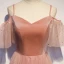 Chic / Beautiful Pearl Pink Evening Dresses  2019 A-Line / Princess Spaghetti Straps Short Sleeve Glitter Tulle Floor-Length / Long Ruffle Backless Formal Dresses