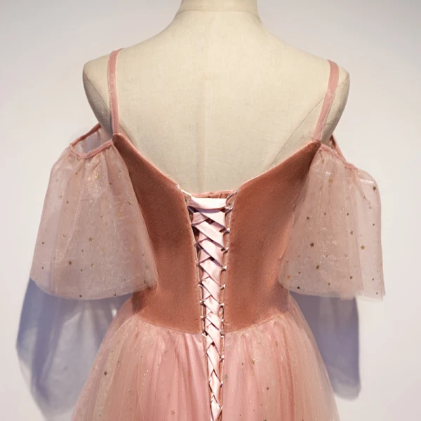 Chic / Beautiful Pearl Pink Evening Dresses 2019 A-Line / Princess Spaghetti Straps Short Sleeve Glitter Tulle Floor-Length / Long Ruffle Backless Formal Dresses