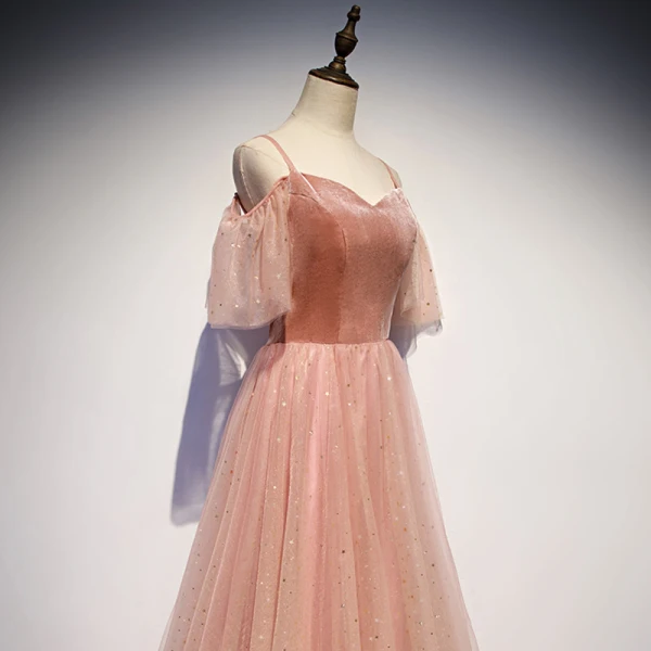 Chic / Beautiful Pearl Pink Evening Dresses 2019 A-Line / Princess Spaghetti Straps Short Sleeve Glitter Tulle Floor-Length / Long Ruffle Backless Formal Dresses