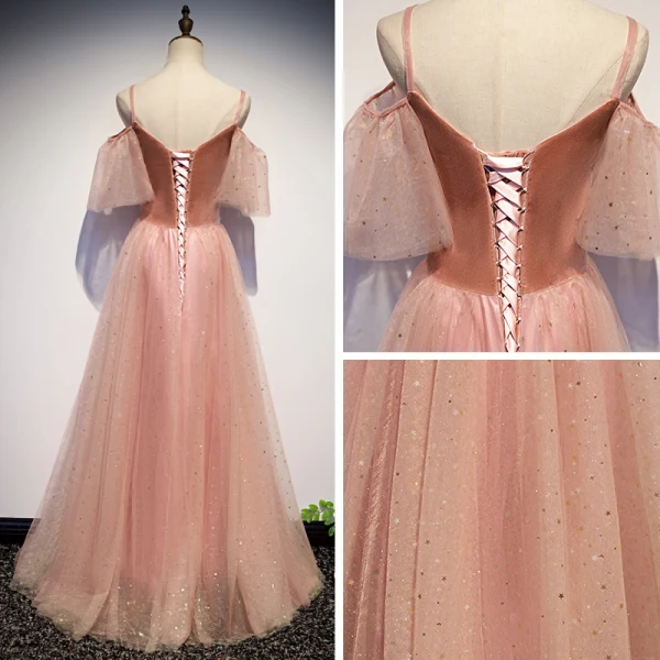 Chic / Beautiful Pearl Pink Evening Dresses 2019 A-Line / Princess Spaghetti Straps Short Sleeve Glitter Tulle Floor-Length / Long Ruffle Backless Formal Dresses
