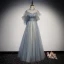 Élégant Bleu Ciel Transparentes Robe De Soirée 2019 Princesse Col Haut Manches Courtes Glitter Tulle Longue Volants Dos Nu Robe De Ceremonie