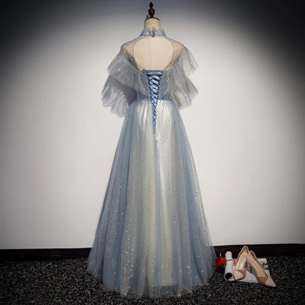 Élégant Bleu Ciel Transparentes Robe De Soirée 2019 Princesse Col Haut Manches Courtes Glitter Tulle Longue Volants Dos Nu Robe De Ceremonie