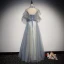 Élégant Bleu Ciel Transparentes Robe De Soirée 2019 Princesse Col Haut Manches Courtes Glitter Tulle Longue Volants Dos Nu Robe De Ceremonie