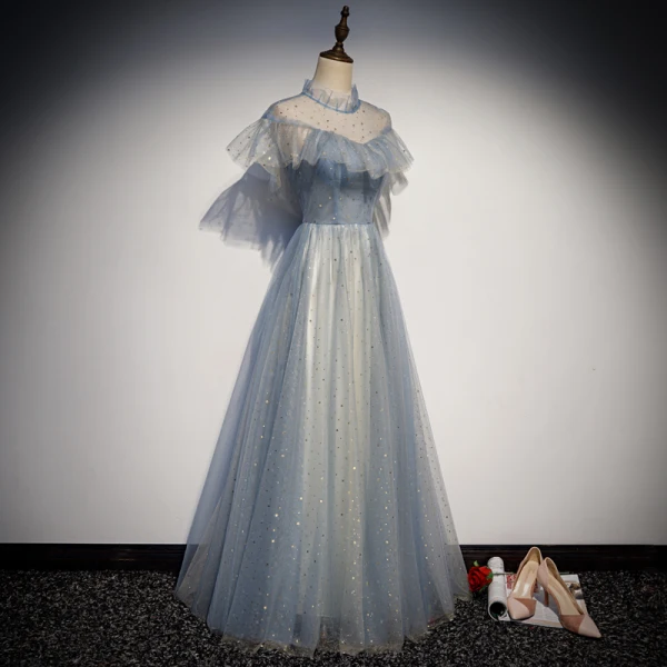 Élégant Bleu Ciel Transparentes Robe De Soirée 2019 Princesse Col Haut Manches Courtes Glitter Tulle Longue Volants Dos Nu Robe De Ceremonie