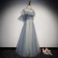 Élégant Bleu Ciel Transparentes Robe De Soirée 2019 Princesse Col Haut Manches Courtes Glitter Tulle Longue Volants Dos Nu Robe De Ceremonie