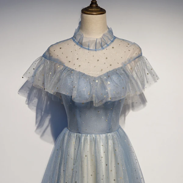Élégant Bleu Ciel Transparentes Robe De Soirée 2019 Princesse Col Haut Manches Courtes Glitter Tulle Longue Volants Dos Nu Robe De Ceremonie