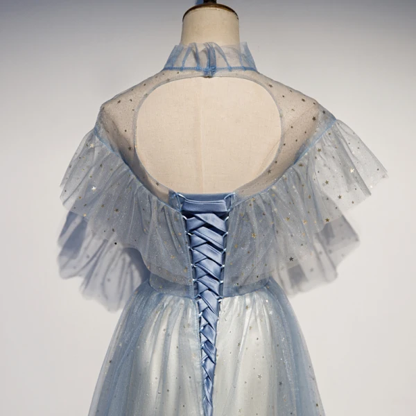 Élégant Bleu Ciel Transparentes Robe De Soirée 2019 Princesse Col Haut Manches Courtes Glitter Tulle Longue Volants Dos Nu Robe De Ceremonie