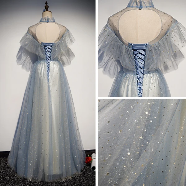 Élégant Bleu Ciel Transparentes Robe De Soirée 2019 Princesse Col Haut Manches Courtes Glitter Tulle Longue Volants Dos Nu Robe De Ceremonie