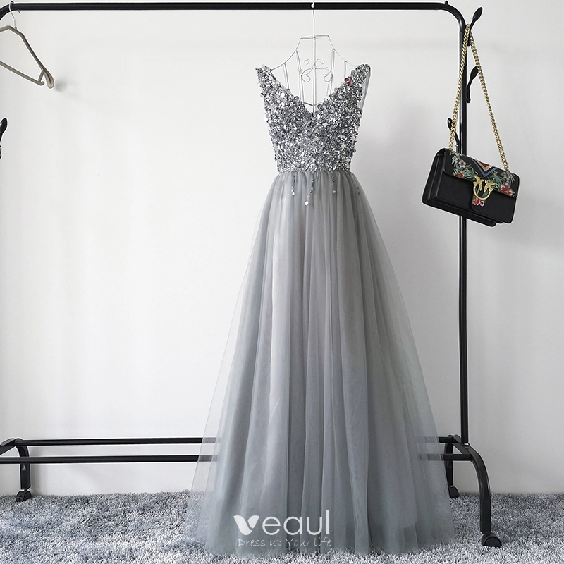 Sexy Grey Prom Dresses 2019 A Line Princess Deep V Neck Sleeveless Sequins Beading Floor Length Long Ruffle Backless Formal Dresses