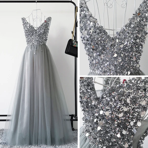 Sexig Grå Balklänningar 2019 Prinsessa Djup v-hals Ärmlös Paljetter Beading Långa Ruffle Halterneck Formella Klänningar