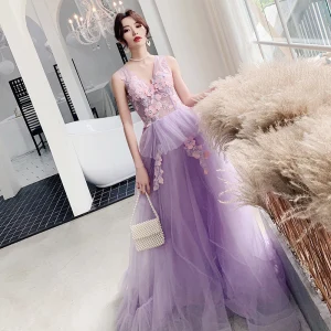 Illusion Lilac See Through Evening Dresses 2019 A Line Princess V Neck Sleeveless Appliques Lace Floor Length Long Ruffle Backless Formal Dresses