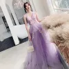 Illusion Lilac See-through Evening Dresses  2019 A-Line / Princess V-Neck Sleeveless Appliques Lace Floor-Length / Long Ruffle Backless Formal Dresses