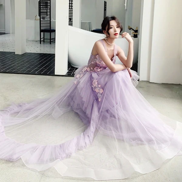 Illusion Lilac See-through Evening Dresses  2019 A-Line / Princess V-Neck Sleeveless Appliques Lace Floor-Length / Long Ruffle Backless Formal Dresses