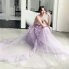 Illusion Lilas Transparentes Robe De Soirée 2019 Princesse V-Cou Sans Manches Appliques En Dentelle Longue Volants Dos Nu Robe De Ceremonie