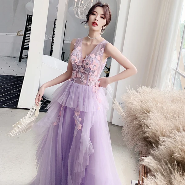 Illusion Lilac See-through Evening Dresses  2019 A-Line / Princess V-Neck Sleeveless Appliques Lace Floor-Length / Long Ruffle Backless Formal Dresses