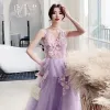 Illusion Lilac See-through Evening Dresses  2019 A-Line / Princess V-Neck Sleeveless Appliques Lace Floor-Length / Long Ruffle Backless Formal Dresses