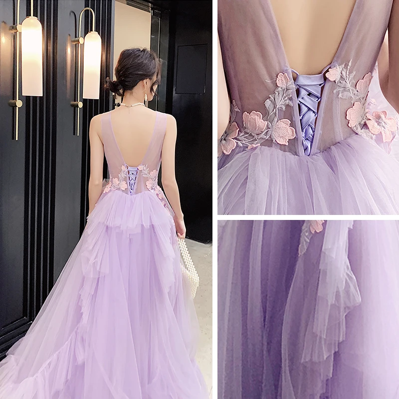 Illusion Lilac See Through Evening Dresses 2019 A Line Princess V Neck  Sleeveless Appliques Lace Floor Length Long Ruffle Backless Formal Dresses