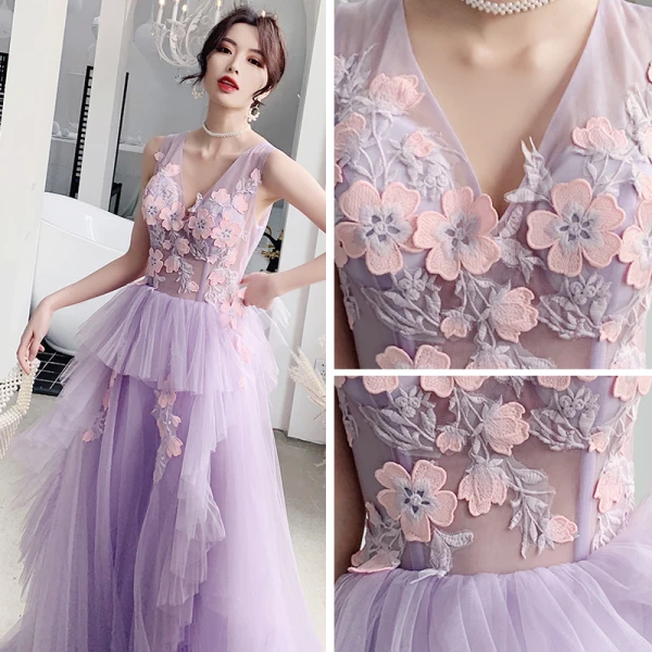 Illusion Lilac See-through Evening Dresses  2019 A-Line / Princess V-Neck Sleeveless Appliques Lace Floor-Length / Long Ruffle Backless Formal Dresses