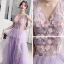 Illusion Lilac See-through Evening Dresses  2019 A-Line / Princess V-Neck Sleeveless Appliques Lace Floor-Length / Long Ruffle Backless Formal Dresses