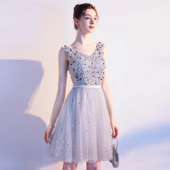 Sparkly Grey Cocktail Dresses 2019 A Line Princess V Neck Sleeveless Sash Sequins Beading Glitter Tulle Short Ruffle Backless Formal Dresses
