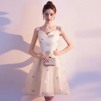 Affordable Champagne Homecoming Graduation Dresses 2019 A Line Princess Spaghetti Straps Sleeveless Sequins Short Ruffle Backless Formal Dresses