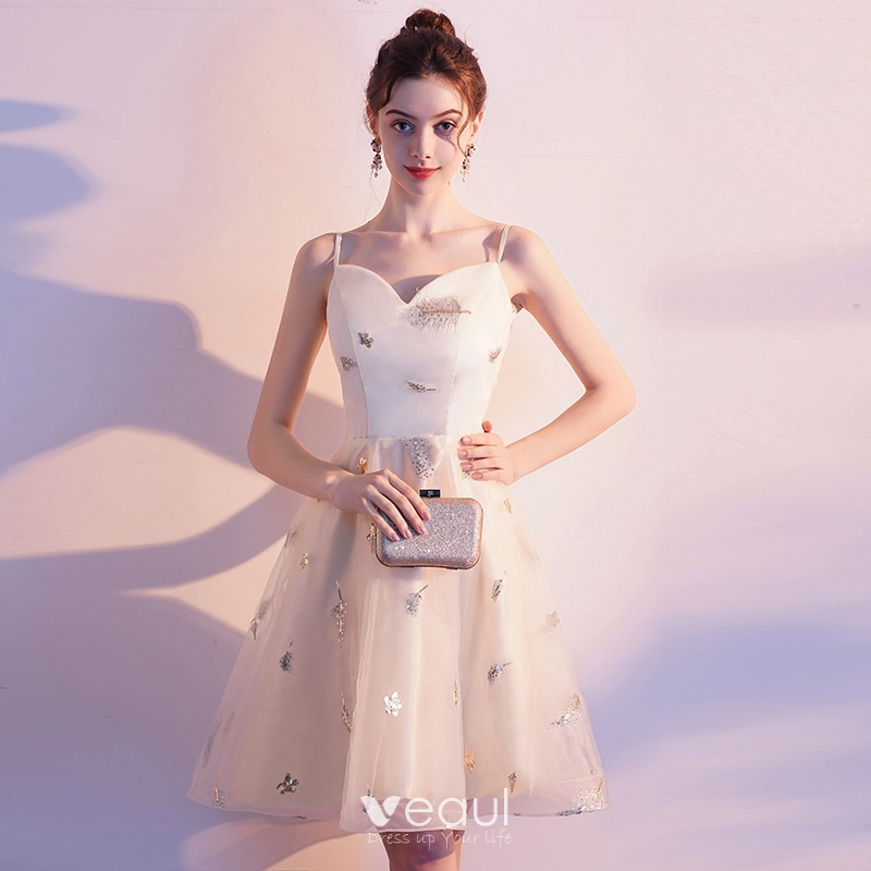 Affordable Champagne Homecoming Graduation Dresses 2019 A Line Princess Spaghetti Straps Sleeveless Sequins Short Ruffle Backless Formal Dresses