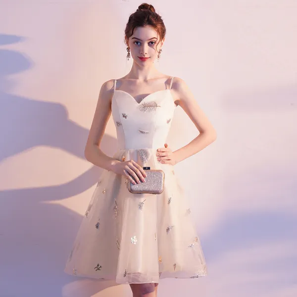 Affordable Champagne Homecoming Graduation Dresses 2019 A Line Princess Spaghetti Straps Sleeveless Sequins Short Ruffle Backless
