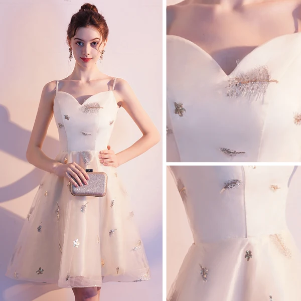 Abordable Champagne de retour Robe De Graduation 2019 Princesse Bretelles Spaghetti Sans Manches Paillettes Courte Volants Dos Nu Robe De Ceremonie