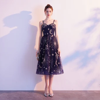 Chic Beautiful Navy Blue Homecoming Graduation Dresses 2019 A Line Princess Spaghetti Straps Sleeveless Embroidered Tea Length Ruffle Backless Formal Dresses
