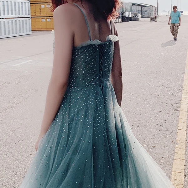 Élégant Sexy Océan Bleu Robe De Soirée 2019 Princesse Bretelles Spaghetti Sans Manches Faux Diamant Longue Volants Dos Nu Robe De Ceremonie