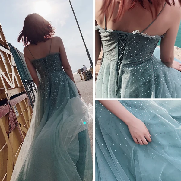 Élégant Sexy Océan Bleu Robe De Soirée 2019 Princesse Bretelles Spaghetti Sans Manches Faux Diamant Longue Volants Dos Nu Robe De Ceremonie