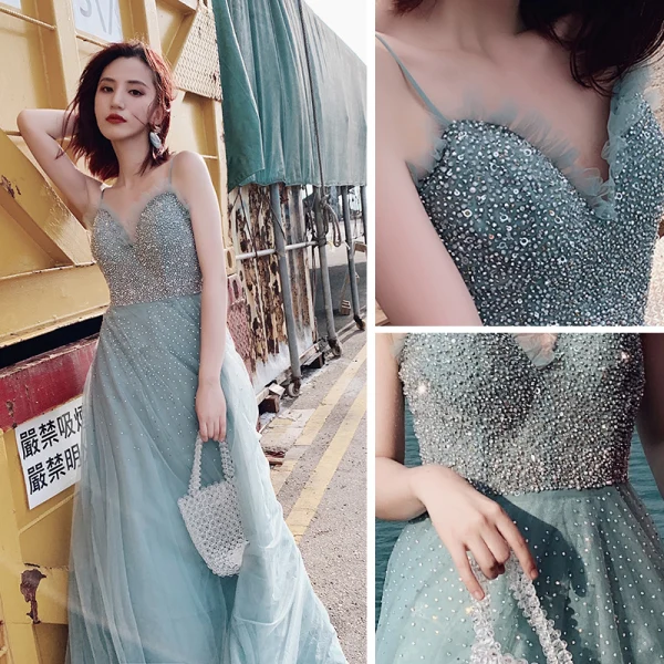 Élégant Sexy Océan Bleu Robe De Soirée 2019 Princesse Bretelles Spaghetti Sans Manches Faux Diamant Longue Volants Dos Nu Robe De Ceremonie