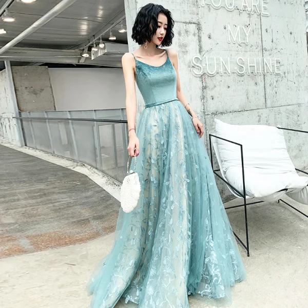 Elegant Jade Green Evening Dresses 2019 A-Line / Princess Spaghetti Straps Sleeveless Sash Appliques Lace Sweep Train Ruffle Backless Formal Dresses