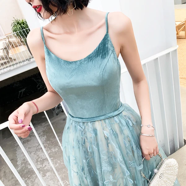 Elegant Jade Green Evening Dresses 2019 A-Line / Princess Spaghetti Straps Sleeveless Sash Appliques Lace Sweep Train Ruffle Backless Formal Dresses