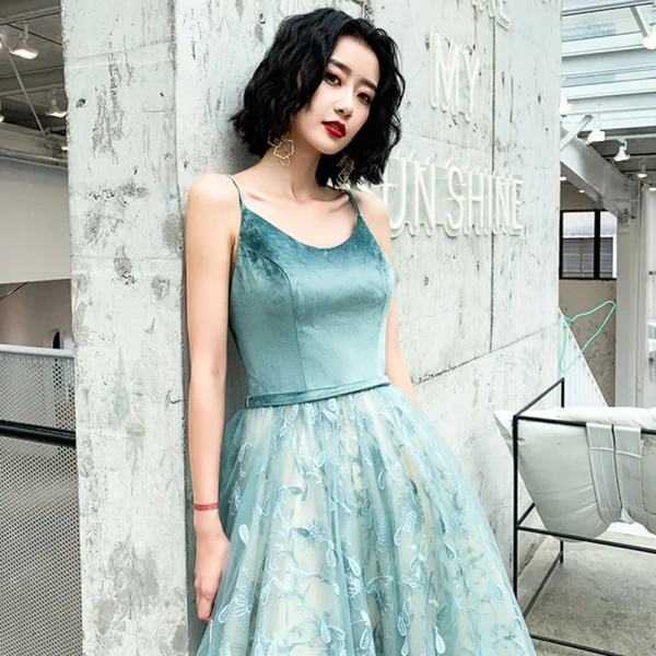 Elegant Jade Green Evening Dresses 2019 A-Line / Princess Spaghetti Straps Sleeveless Sash Appliques Lace Sweep Train Ruffle Backless Formal Dresses