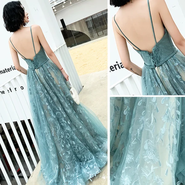Elegant Jade Green Evening Dresses 2019 A-Line / Princess Spaghetti Straps Sleeveless Sash Appliques Lace Sweep Train Ruffle Backless Formal Dresses