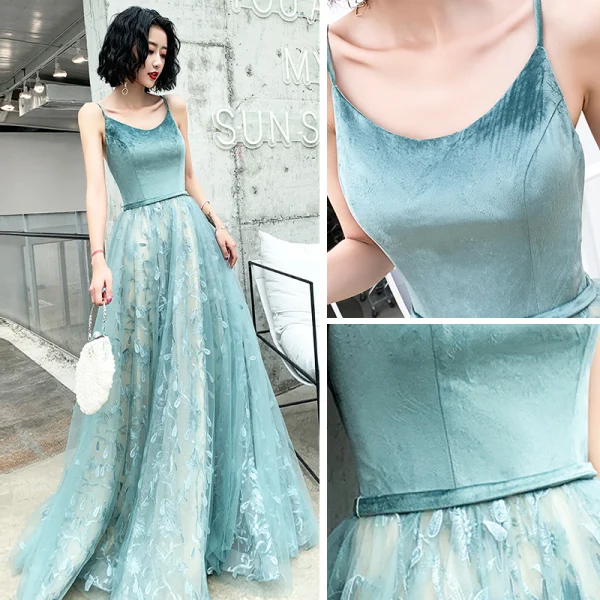 Elegant Jade Green Evening Dresses 2019 A-Line / Princess Spaghetti Straps Sleeveless Sash Appliques Lace Sweep Train Ruffle Backless Formal Dresses