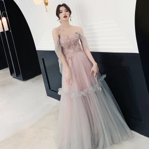 Élégant Perle Rose Robe De Soirée 2019 Princesse De L 039 Épaule Manches Courtes Appliques En Dentelle Paillettes Longue Volants Dos Nu Robe De Ceremonie