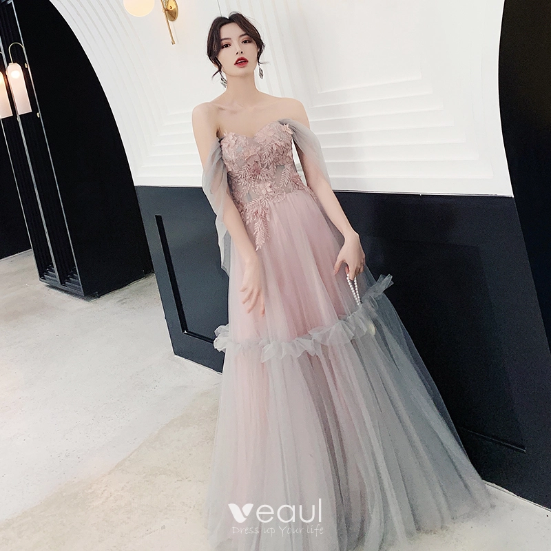 Elegant Perle Rose Robe De Soiree 2019 Princesse De l epaule Manches Courtes Appliques En Dentelle Paillettes Longue Volants Dos Nu Robe De Ceremonie