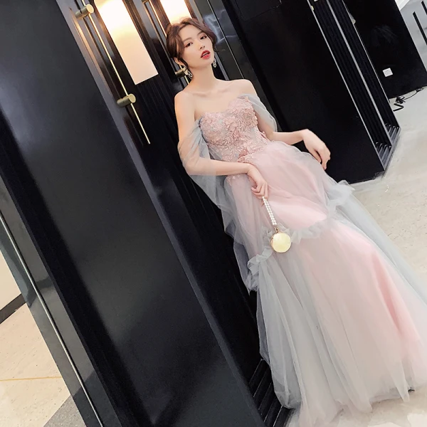 Élégant Perle Rose Robe De Soirée 2019 Princesse De l'épaule Manches Courtes Appliques En Dentelle Paillettes Longue Volants Dos Nu Robe De Ceremonie