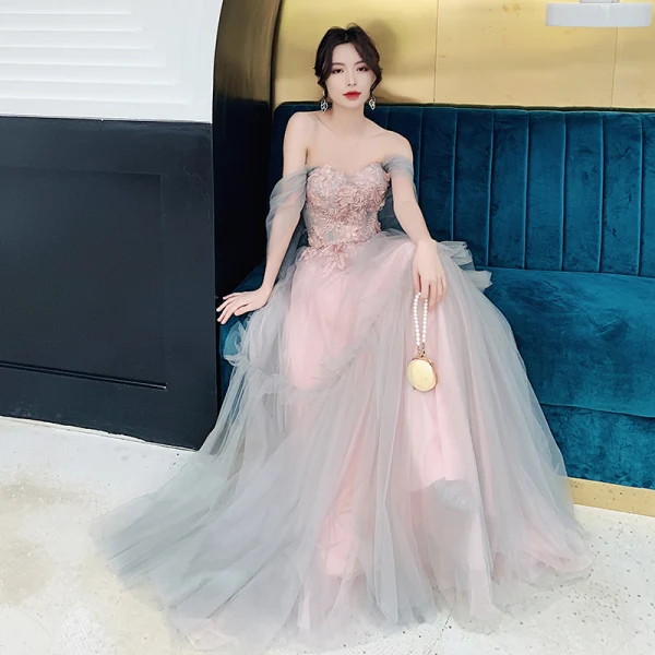 Élégant Perle Rose Robe De Soirée 2019 Princesse De l'épaule Manches Courtes Appliques En Dentelle Paillettes Longue Volants Dos Nu Robe De Ceremonie