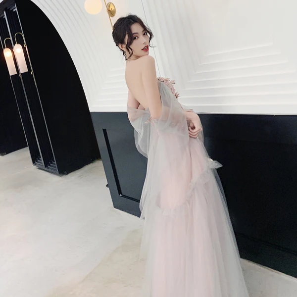 Élégant Perle Rose Robe De Soirée 2019 Princesse De l'épaule Manches Courtes Appliques En Dentelle Paillettes Longue Volants Dos Nu Robe De Ceremonie