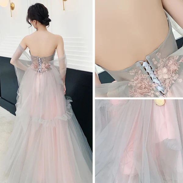 Élégant Perle Rose Robe De Soirée 2019 Princesse De l'épaule Manches Courtes Appliques En Dentelle Paillettes Longue Volants Dos Nu Robe De Ceremonie