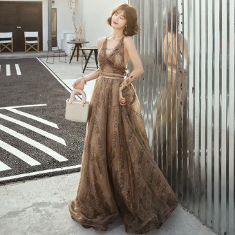Sexy Brown Evening Dresses 2019 A Line Princess Deep V Neck Sleeveless Sash Printing Tulle Sweep Train Ruffle Backless Formal Dresses