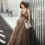 Sexy Marron Robe De Soirée 2019 Princesse Col v profond Sans Manches Ceinture Impression Tulle Train De Balayage Volants Dos Nu Robe De Ceremonie