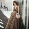 Sexy Brown Evening Dresses  2019 A-Line / Princess Deep V-Neck Sleeveless Sash Printing Tulle Sweep Train Ruffle Backless Formal Dresses
