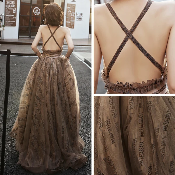 Sexy Marron Robe De Soirée 2019 Princesse Col v profond Sans Manches Ceinture Impression Tulle Train De Balayage Volants Dos Nu Robe De Ceremonie