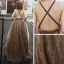 Sexy Marron Robe De Soirée 2019 Princesse Col v profond Sans Manches Ceinture Impression Tulle Train De Balayage Volants Dos Nu Robe De Ceremonie