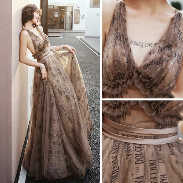 Sexy Marron Robe De Soirée 2019 Princesse Col v profond Sans Manches Ceinture Impression Tulle Train De Balayage Volants Dos Nu Robe De Ceremonie